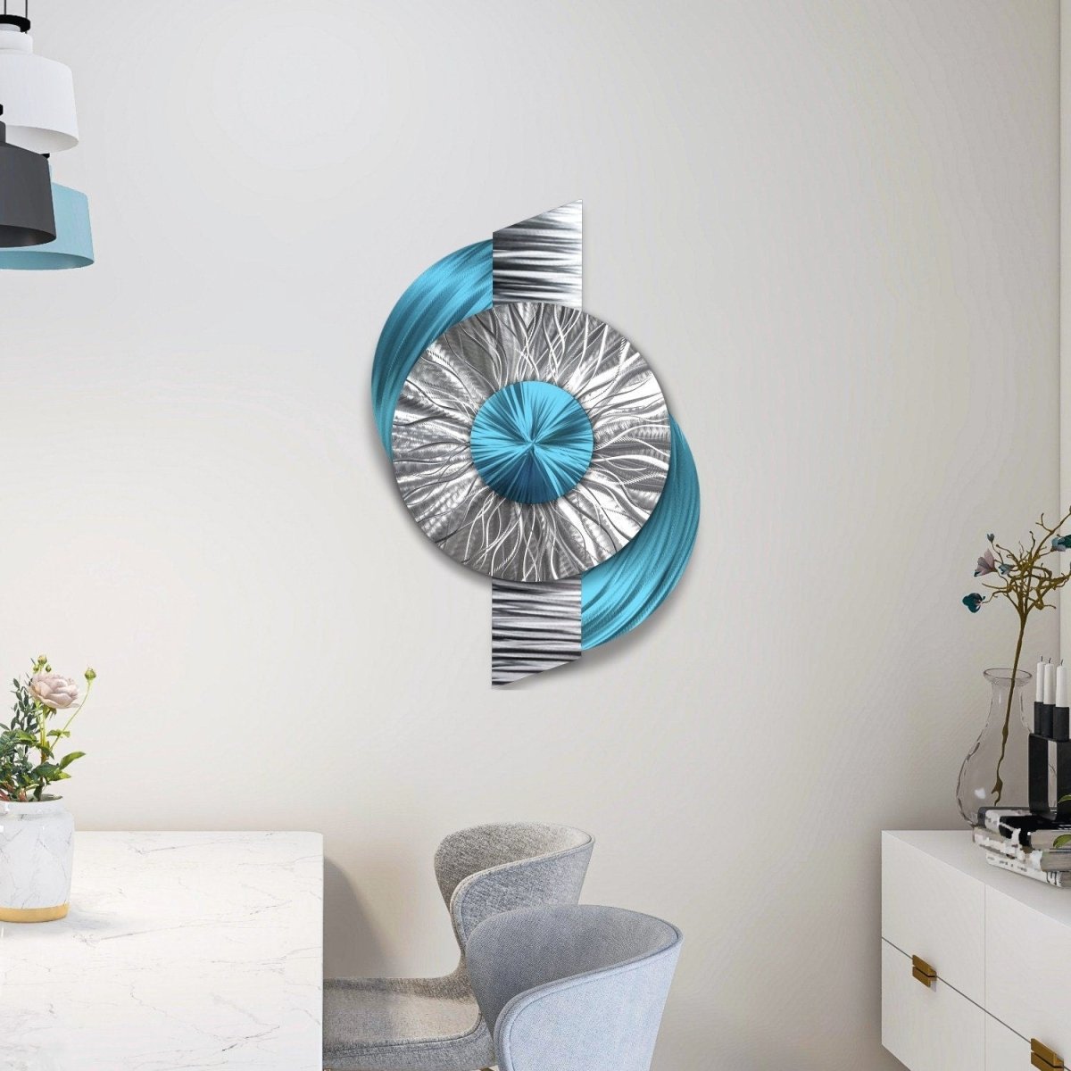 Large Geometric Metal Wall Sculpture - Modern Silver Turquoise Abstract Art - Modern Elements Metal Art - INV363602