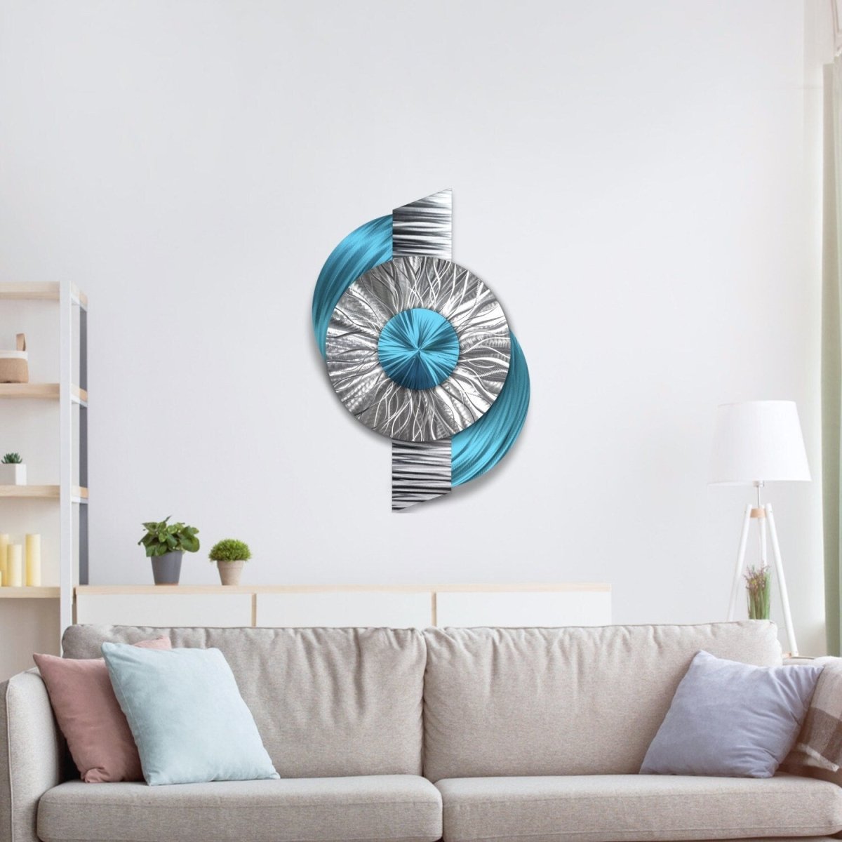 Large Geometric Metal Wall Sculpture - Modern Silver Turquoise Abstract Art - Modern Elements Metal Art - INV363602