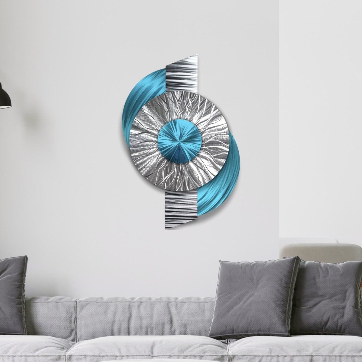 Large Geometric Metal Wall Sculpture - Modern Silver Turquoise Abstract Art - Modern Elements Metal Art - INV363602