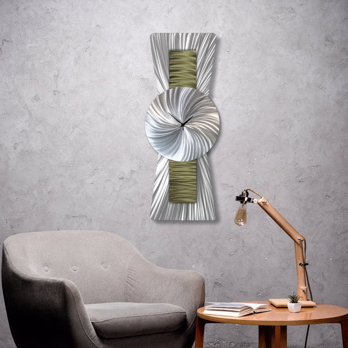 Large Green Silver Wall Clock - Unique Modern Sculpture for Navy Blue Decor - Modern Elements Metal Art - ME99298K