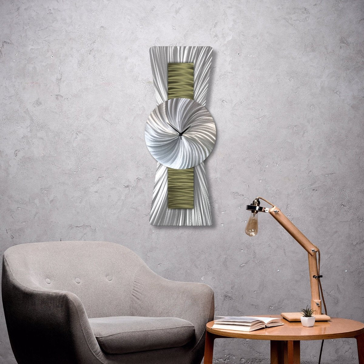 Large Green Silver Wall Clock - Unique Modern Sculpture for Navy Blue Decor - Modern Elements Metal Art - ME99298K
