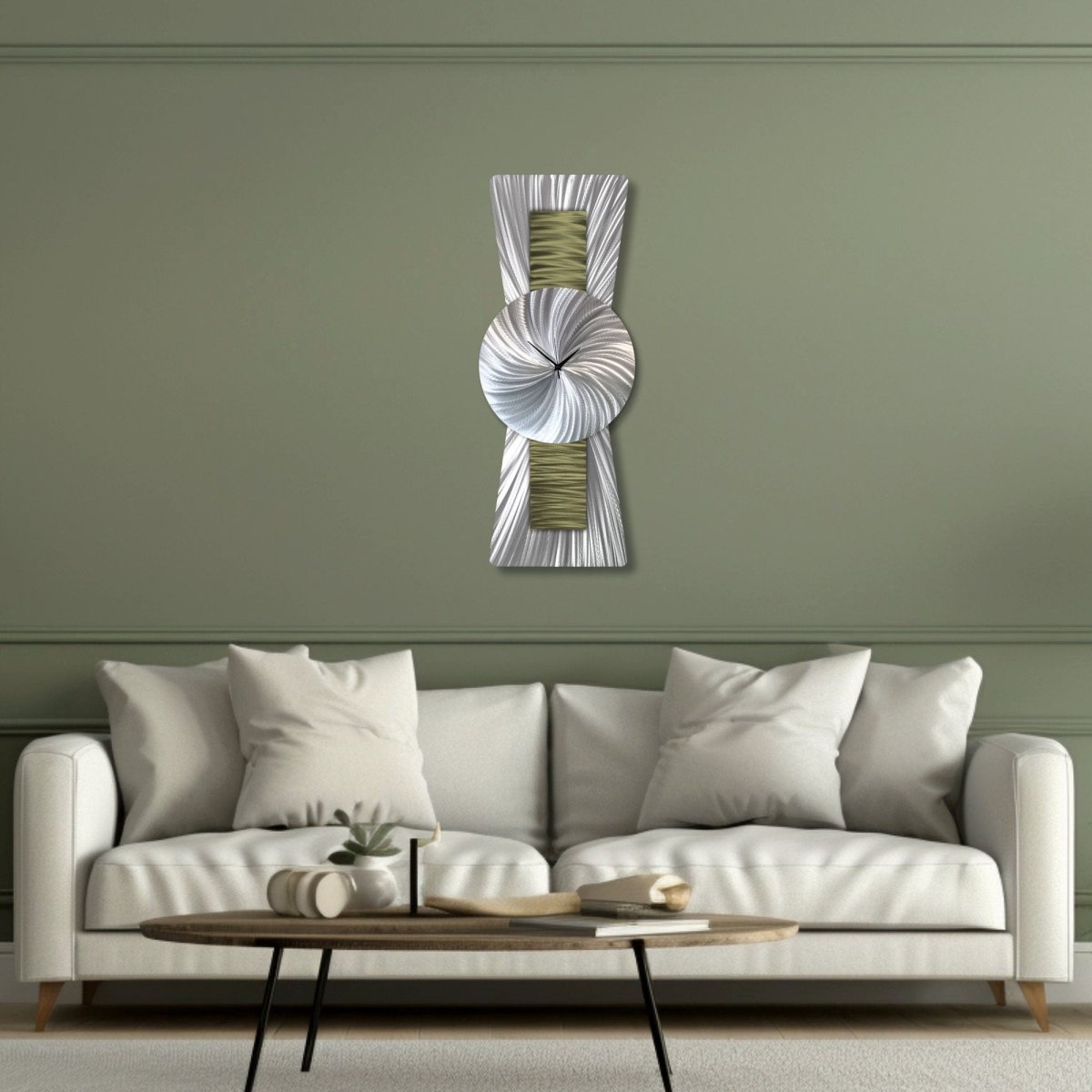 Large Green Silver Wall Clock - Unique Modern Sculpture for Navy Blue Decor - Modern Elements Metal Art - ME99298K