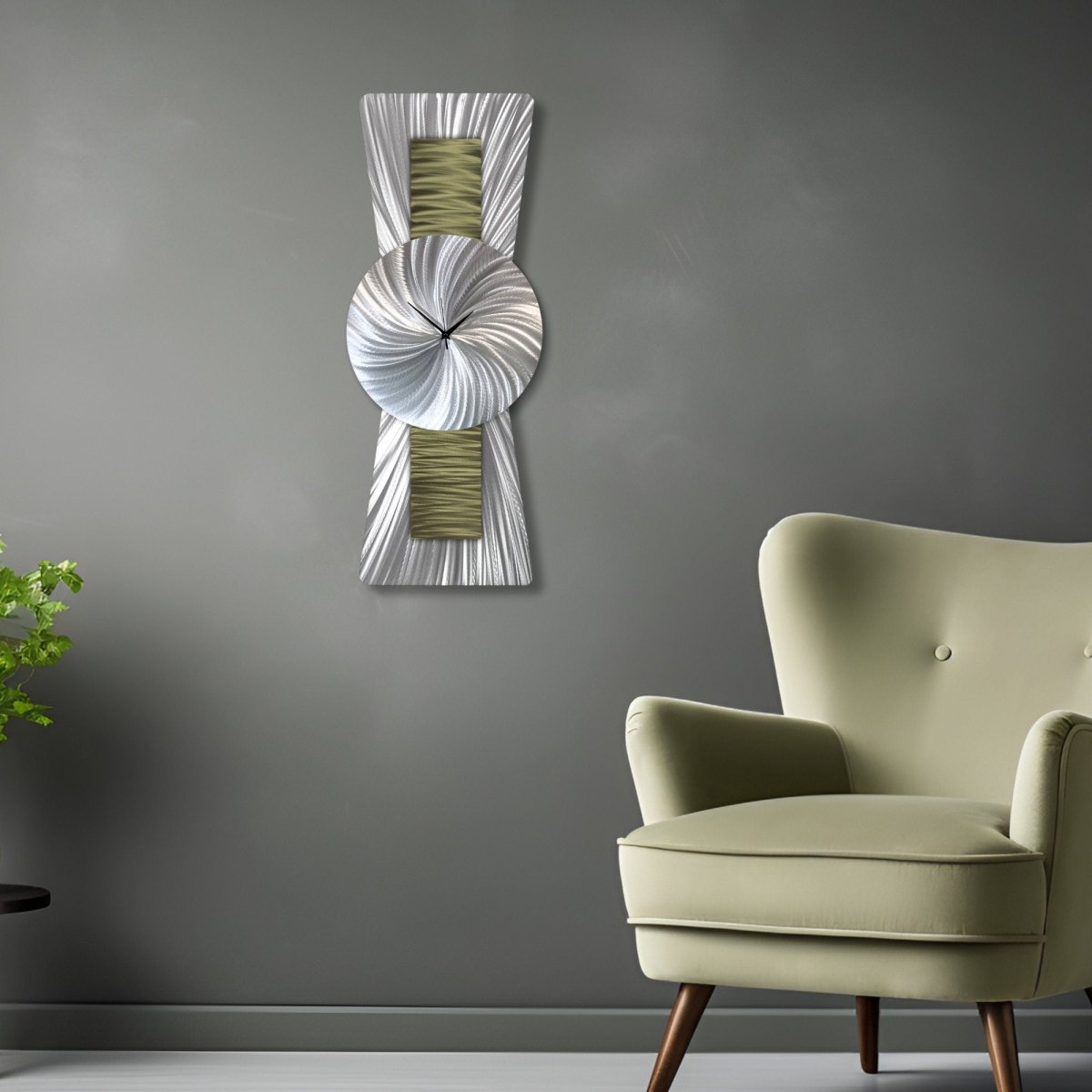 Large Green Silver Wall Clock - Unique Modern Sculpture for Navy Blue Decor - Modern Elements Metal Art - ME99298K
