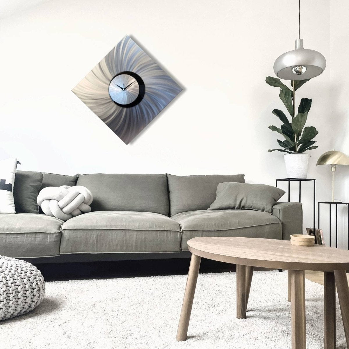 Large Metal Wall Clock – Modern Silver Abstract Art & Home Decor - Modern Elements Metal Art - INV16Q6W