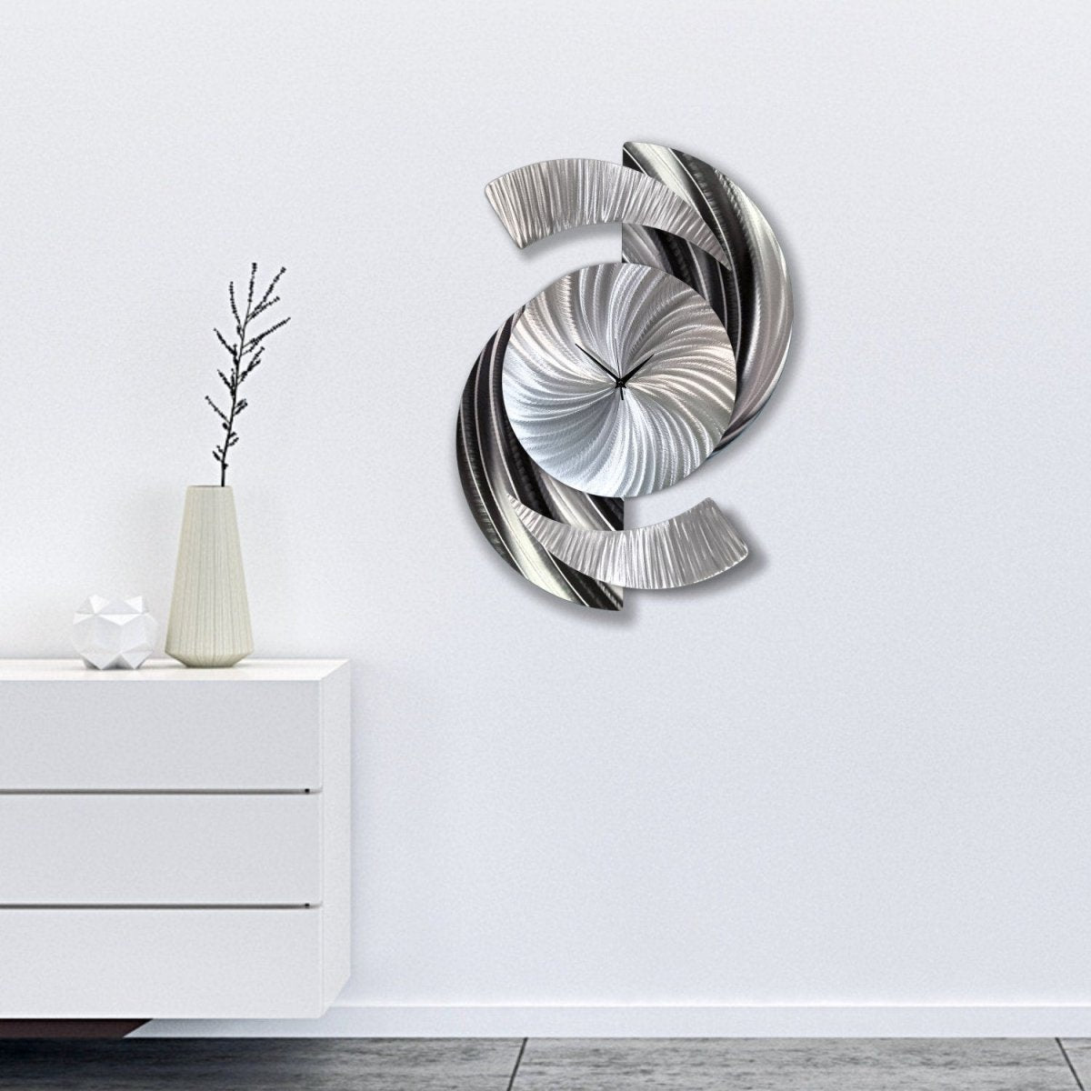 Large Metal Wall Clock β Unique Silver Wall Sculpture for Contemporary Decor - Modern Elements Metal Art - ME9675728X