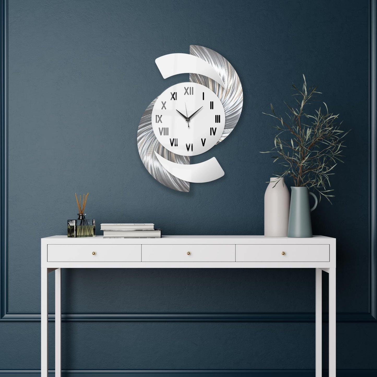 Large Modern Silver and White Wall Clock Titled Elliptical - Modern Elements Metal Art - INV36387272