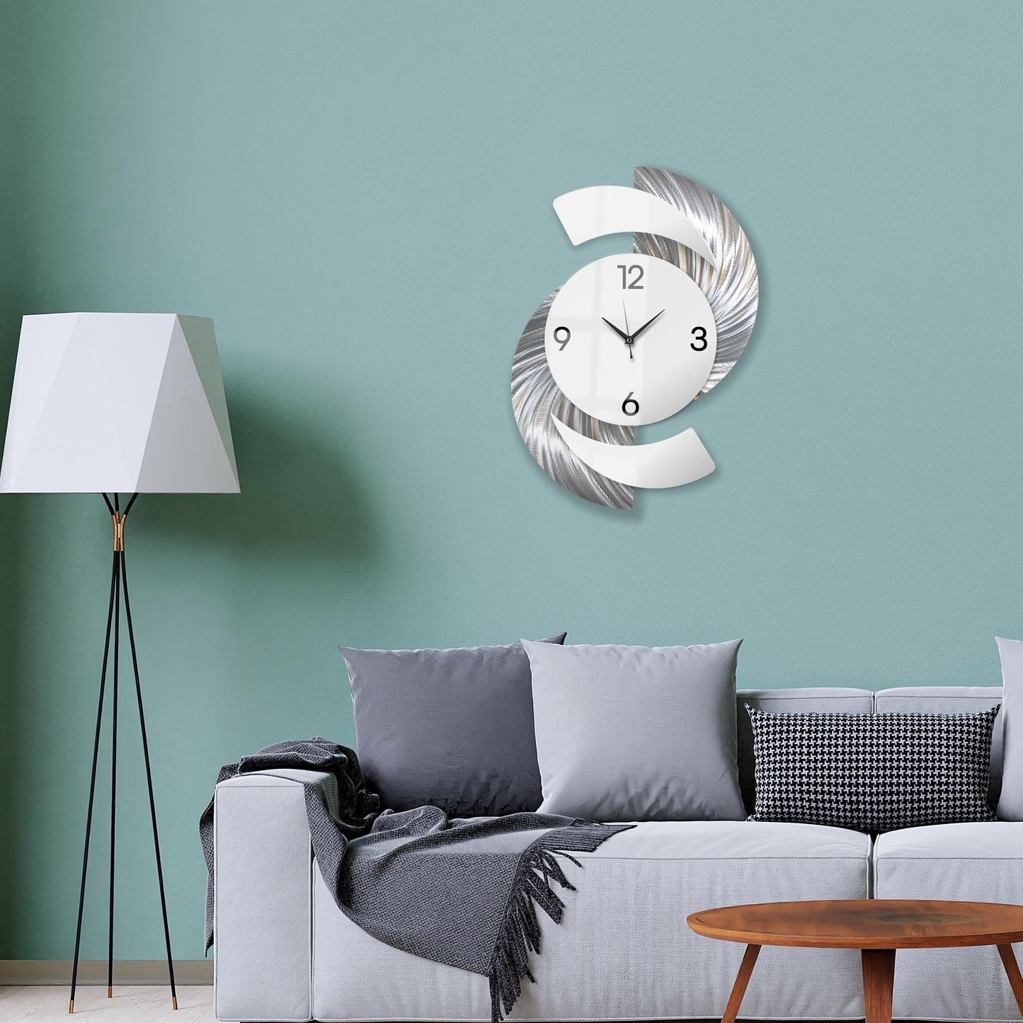 Large Modern Silver and White Wall Clock Titled Elliptical - Modern Elements Metal Art - INV36387272