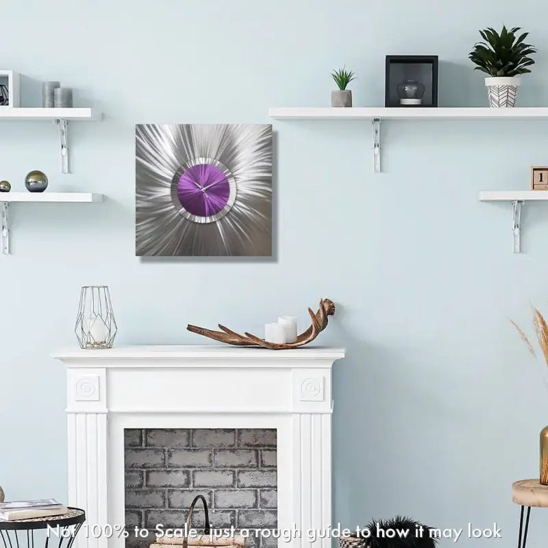 Large Purple Silver Modern Wall Clock - Unique Metal Abstract Art Sculpture for Home Decor - Modern Elements Metal Art - MEH638SX