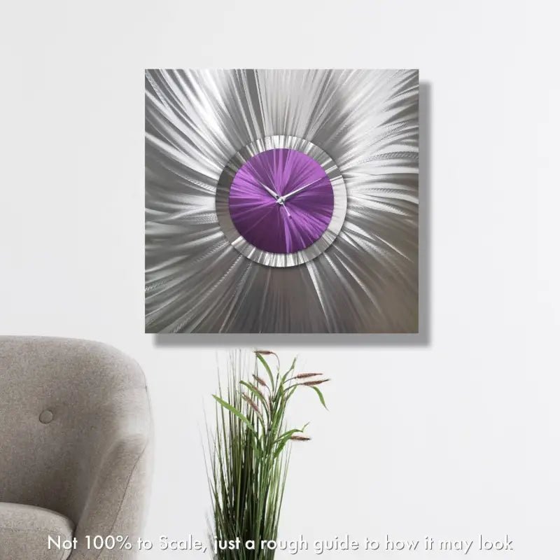 Large Purple Silver Modern Wall Clock - Unique Metal Abstract Art Sculpture for Home Decor - Modern Elements Metal Art - MEH638SX