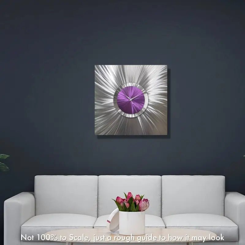 Large Purple Silver Modern Wall Clock - Unique Metal Abstract Art Sculpture for Home Decor - Modern Elements Metal Art - MEH638SX