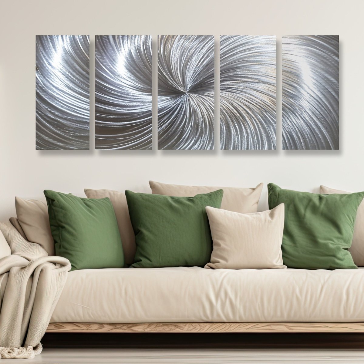Large Silver Metal Wall Art – 5 - Piece Gallery Set – Modern Abstract Wall Panels - Modern Elements Metal Art - SKU379KHK