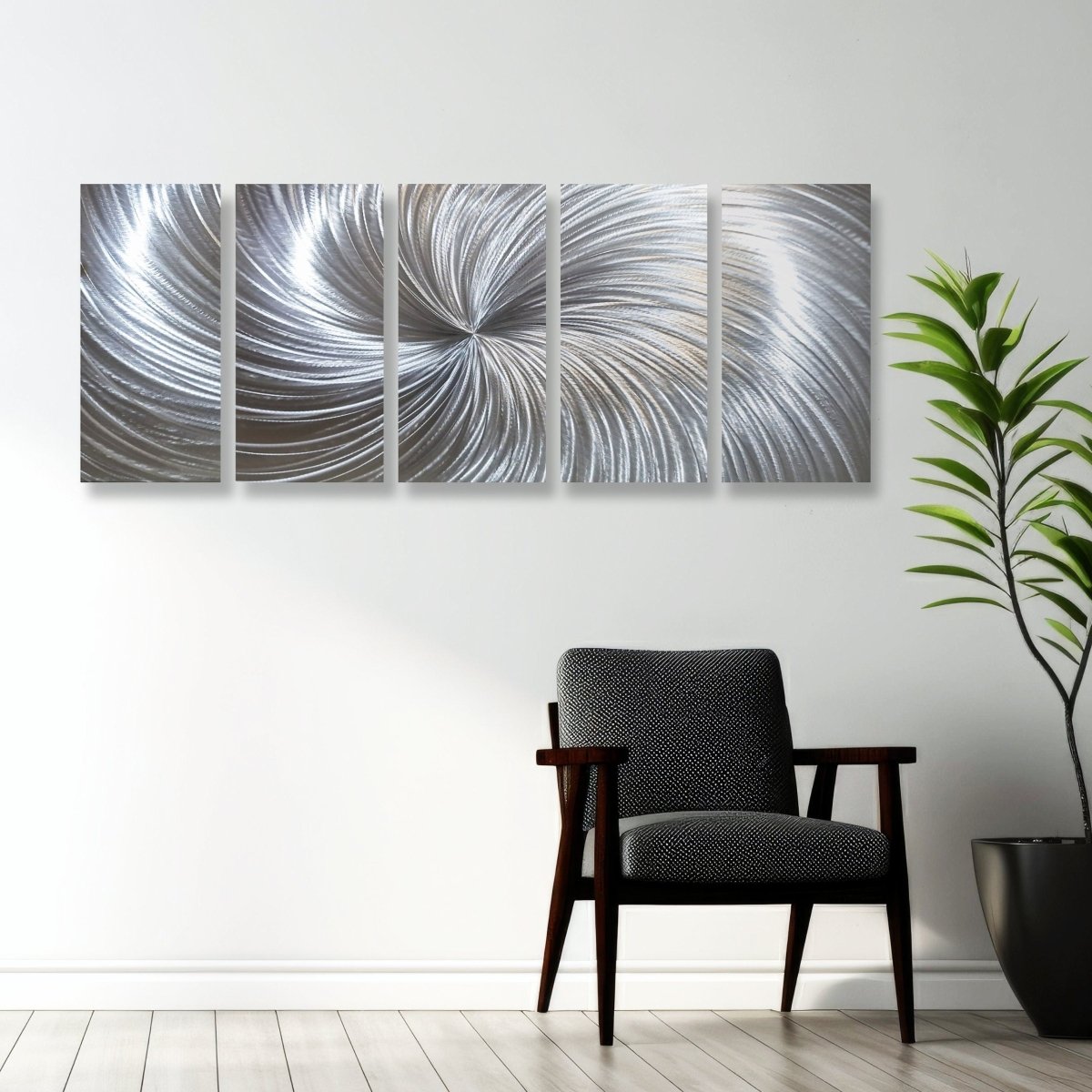 Large Silver Metal Wall Art – 5 - Piece Gallery Set – Modern Abstract Wall Panels - Modern Elements Metal Art - SKU379KHK