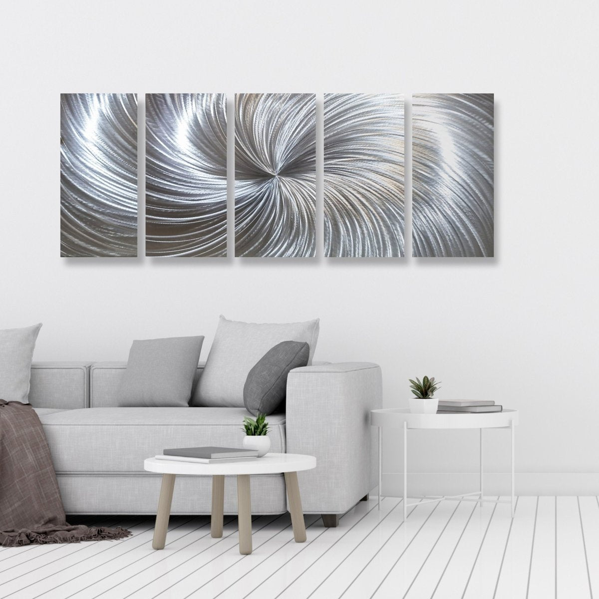 Large Silver Metal Wall Art – 5 - Piece Gallery Set – Modern Abstract Wall Panels - Modern Elements Metal Art - SKU379KHK