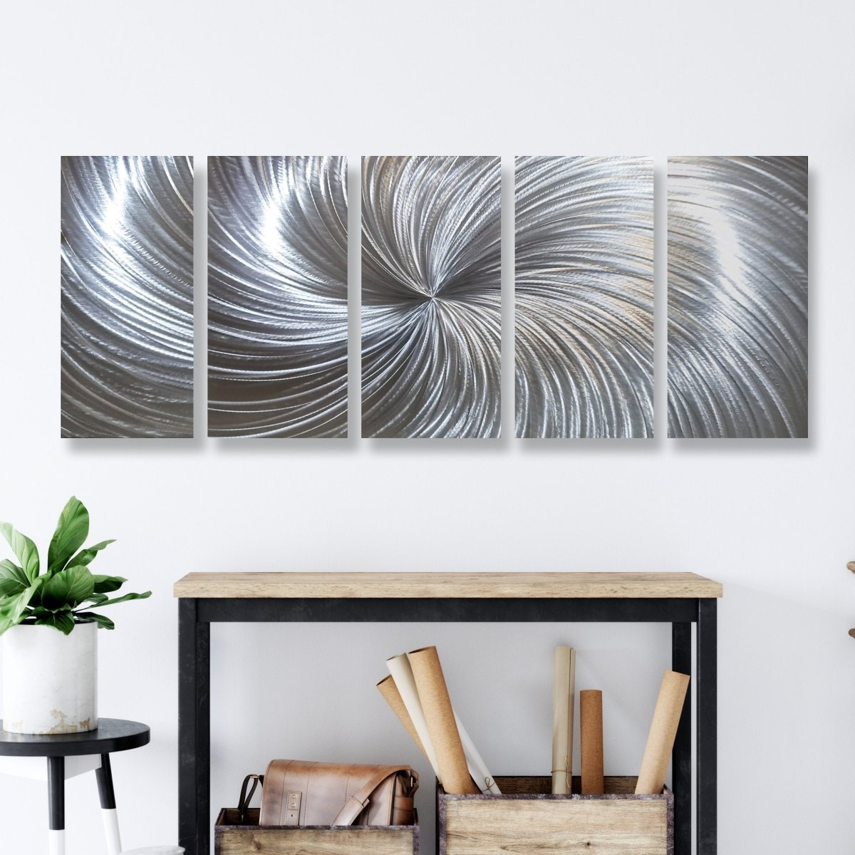 Large Silver Metal Wall Art – 5 - Piece Gallery Set – Modern Abstract Wall Panels - Modern Elements Metal Art - SKU379KHK