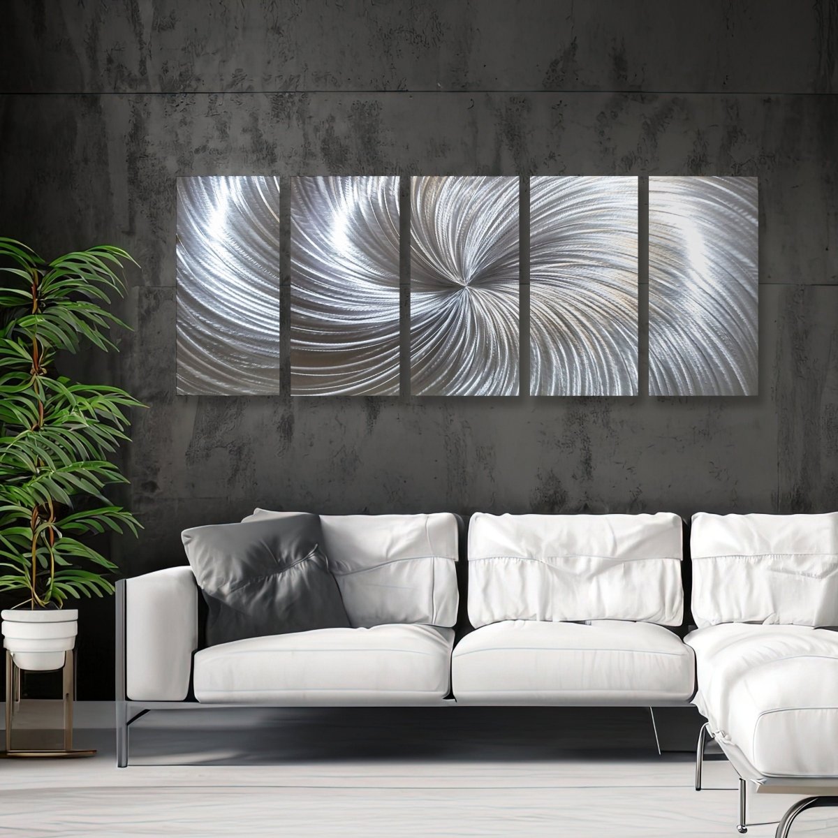 Large Silver Metal Wall Art – 5 - Piece Gallery Set – Modern Abstract Wall Panels - Modern Elements Metal Art - SKU379KHK