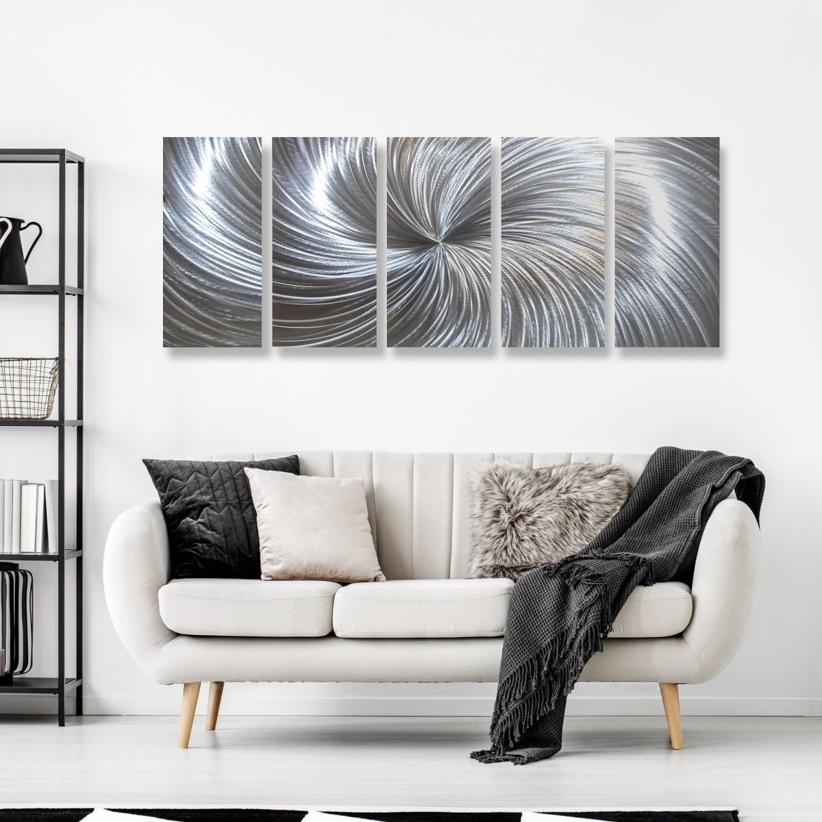Large Silver Metal Wall Art – 5 - Piece Gallery Set – Modern Abstract Wall Panels - Modern Elements Metal Art - SKU379KHK
