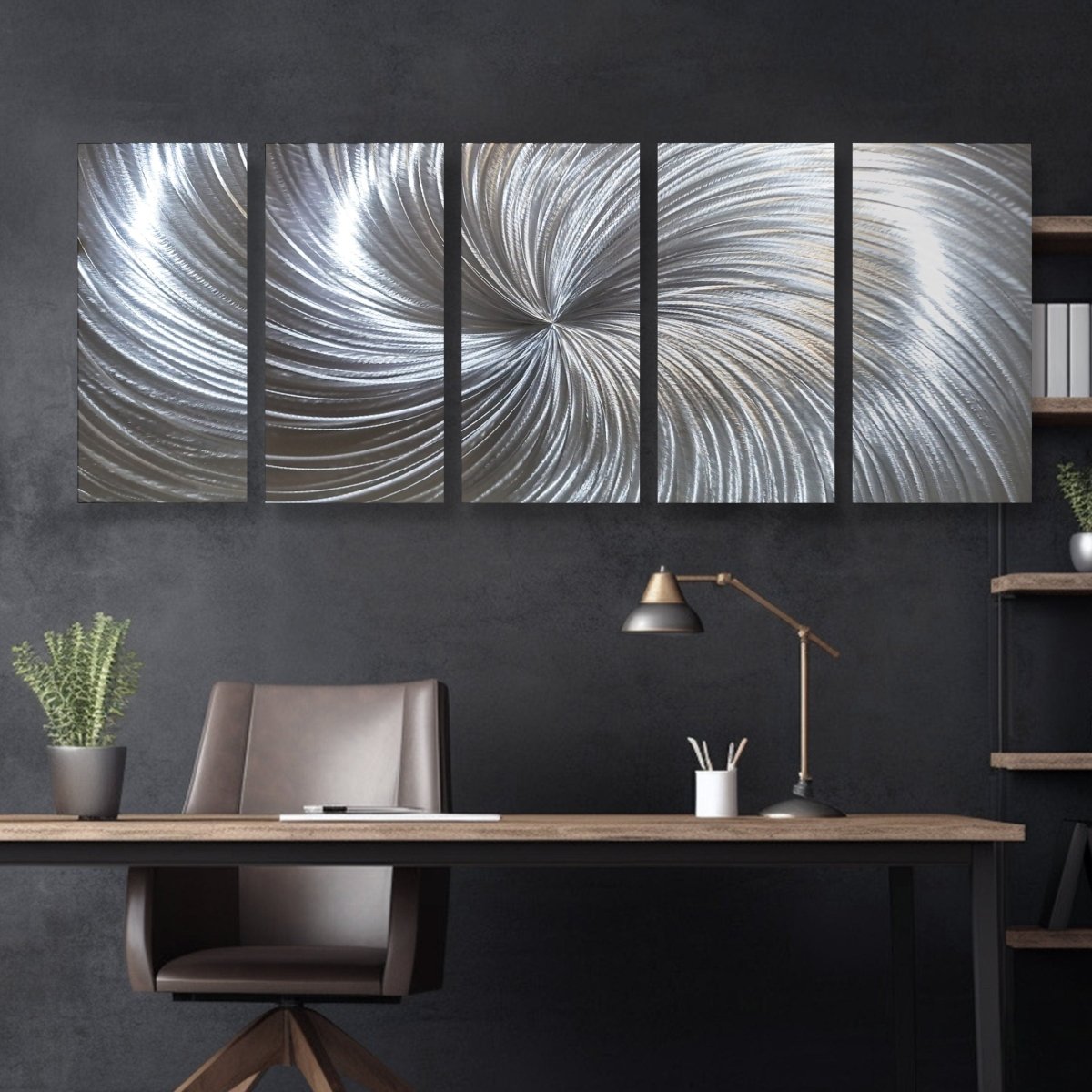Large Silver Metal Wall Art – 5 - Piece Gallery Set – Modern Abstract Wall Panels - Modern Elements Metal Art - SKU379KHK