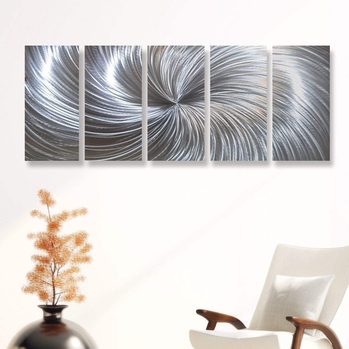 Large Silver Metal Wall Art – 5 - Piece Gallery Set – Modern Abstract Wall Panels - Modern Elements Metal Art - SKU379KHK