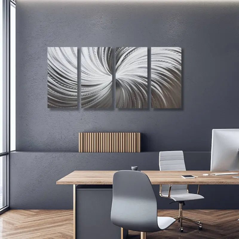 Large Silver Wall Art Titled "Silver Spiral" (Set of 4) - Modern Elements Metal Art - ME567H2
