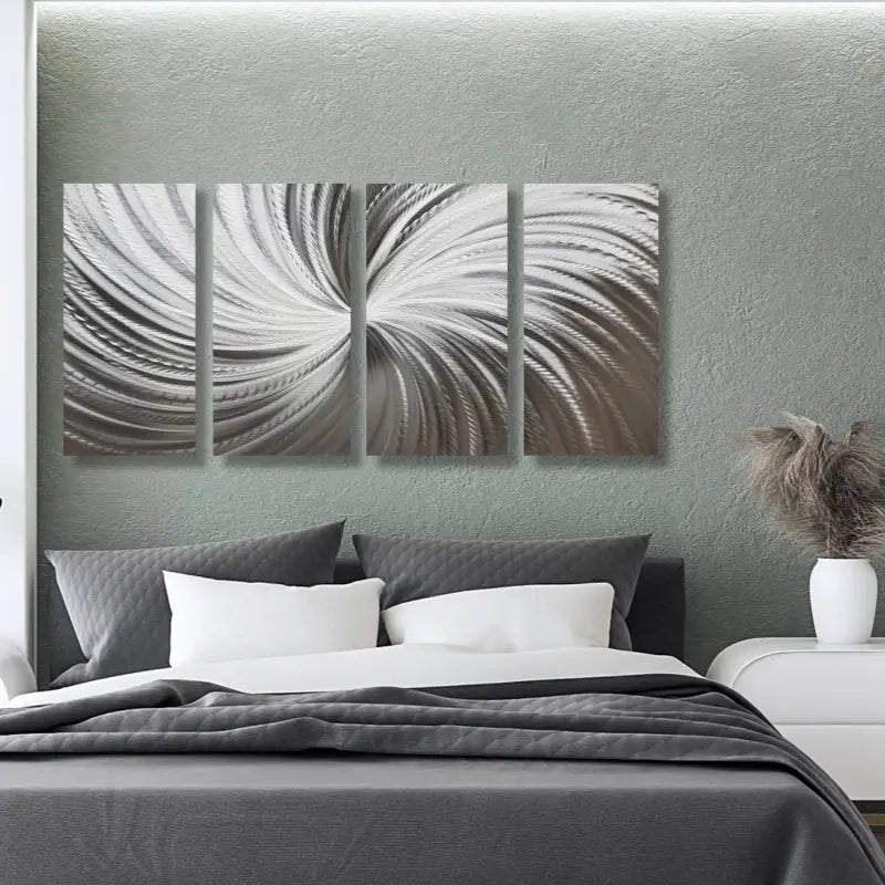 Large Silver Wall Art Titled "Silver Spiral" (Set of 4) - Modern Elements Metal Art - ME567H2