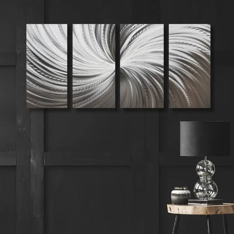Large Silver Wall Art Titled "Silver Spiral" (Set of 4) - Modern Elements Metal Art - ME567H2