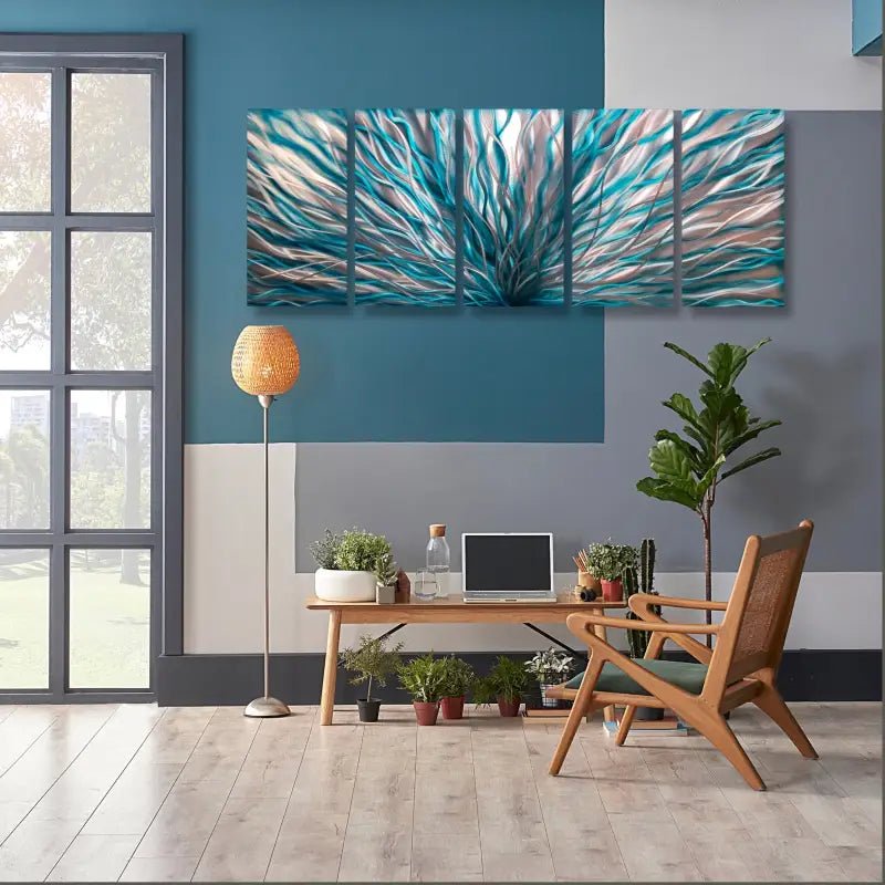 Large Teal Abstract Wall Art Set Titled "InBloom" - Modern Elements Metal Art - INV362880