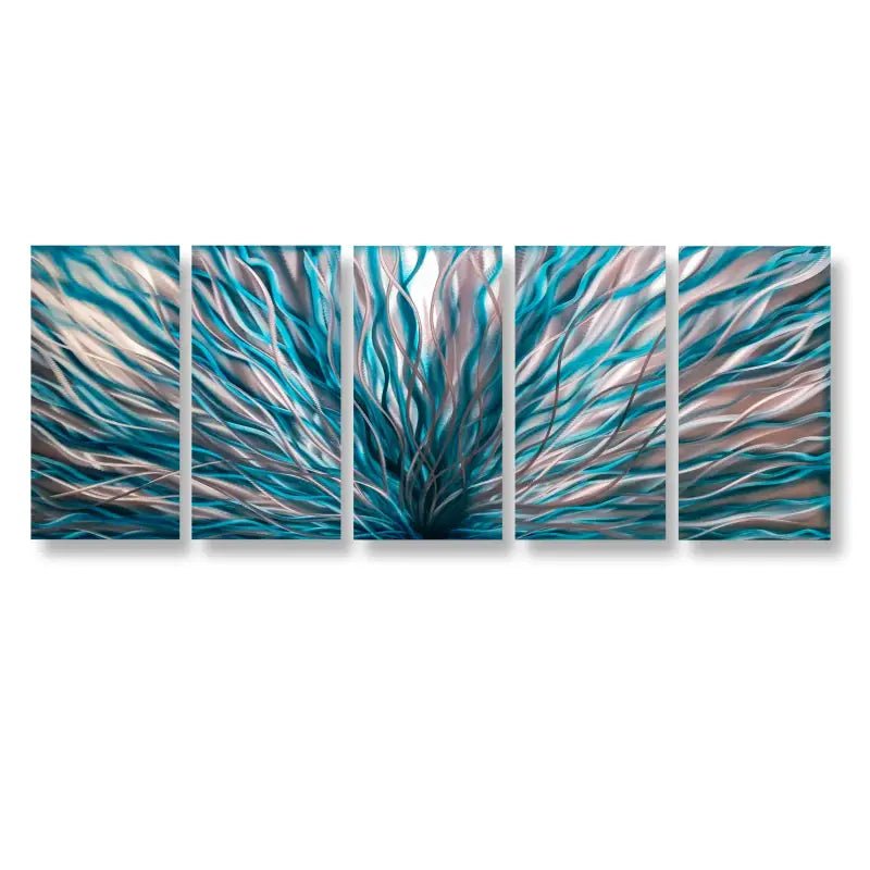 Large Teal Abstract Wall Art Set Titled "InBloom" - Modern Elements Metal Art - INV362880