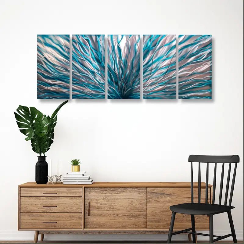 Large Teal Abstract Wall Art Set Titled "InBloom" - Modern Elements Metal Art - INV362880