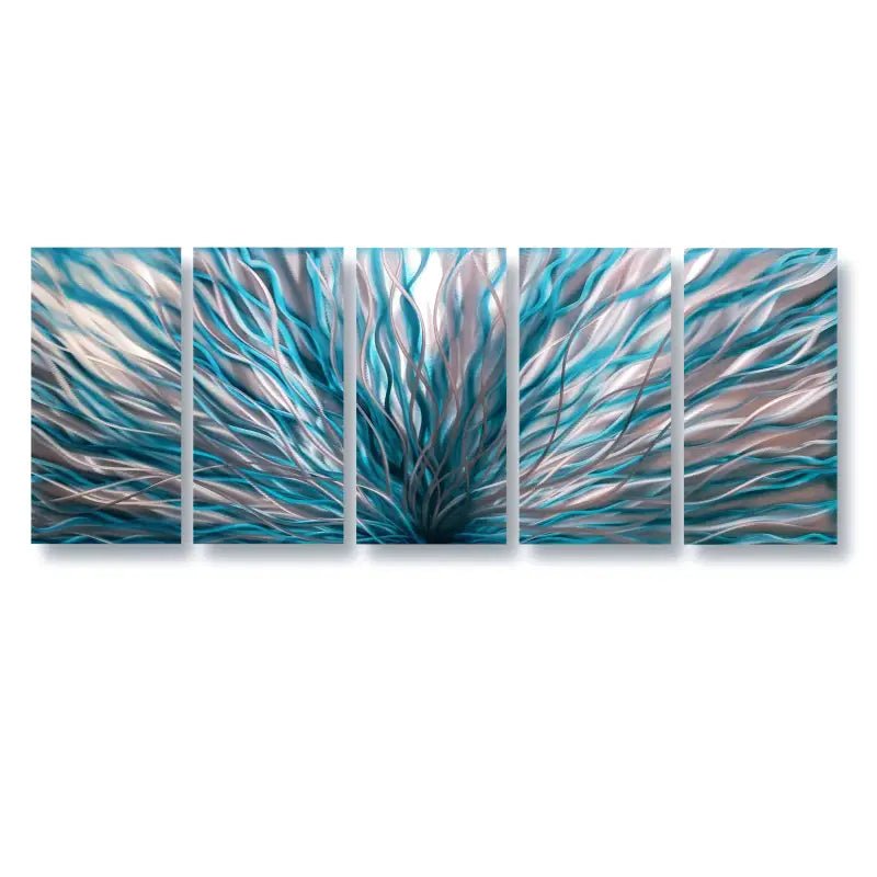 Large Teal Abstract Wall Art Set Titled "InBloom" - Modern Elements Metal Art - INV366373