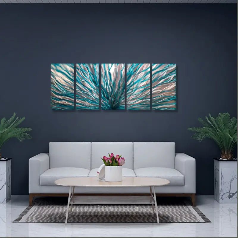 Large Teal Abstract Wall Art Set Titled "InBloom" - Modern Elements Metal Art - INV362880
