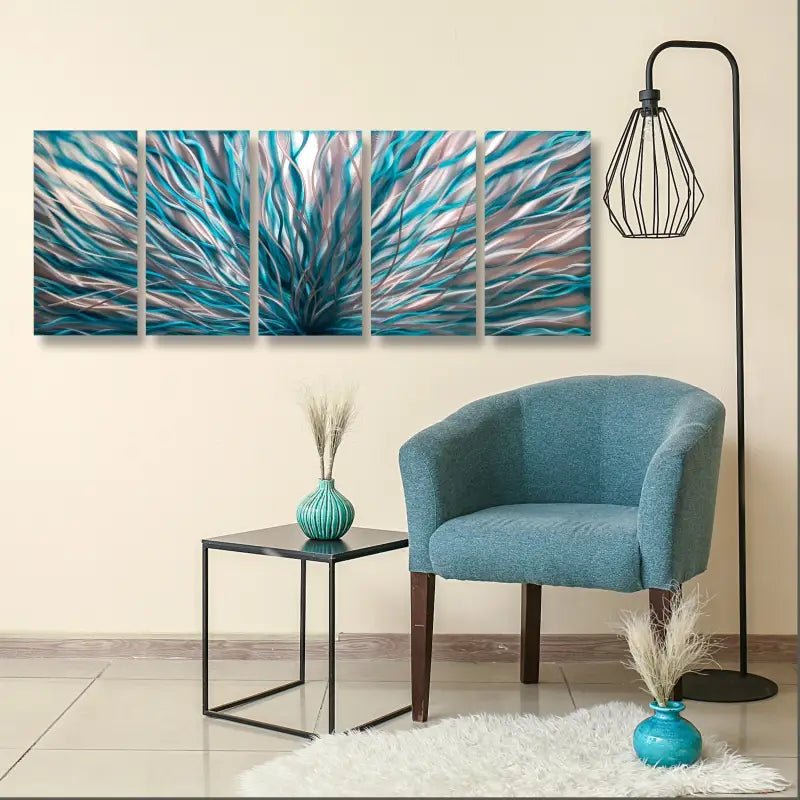 Large Teal Abstract Wall Art Set Titled "InBloom" - Modern Elements Metal Art - INV362880