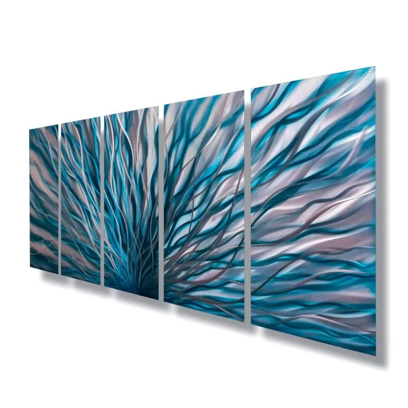 Large Teal Abstract Wall Art Set Titled "InBloom" - Modern Elements Metal Art - INV362880