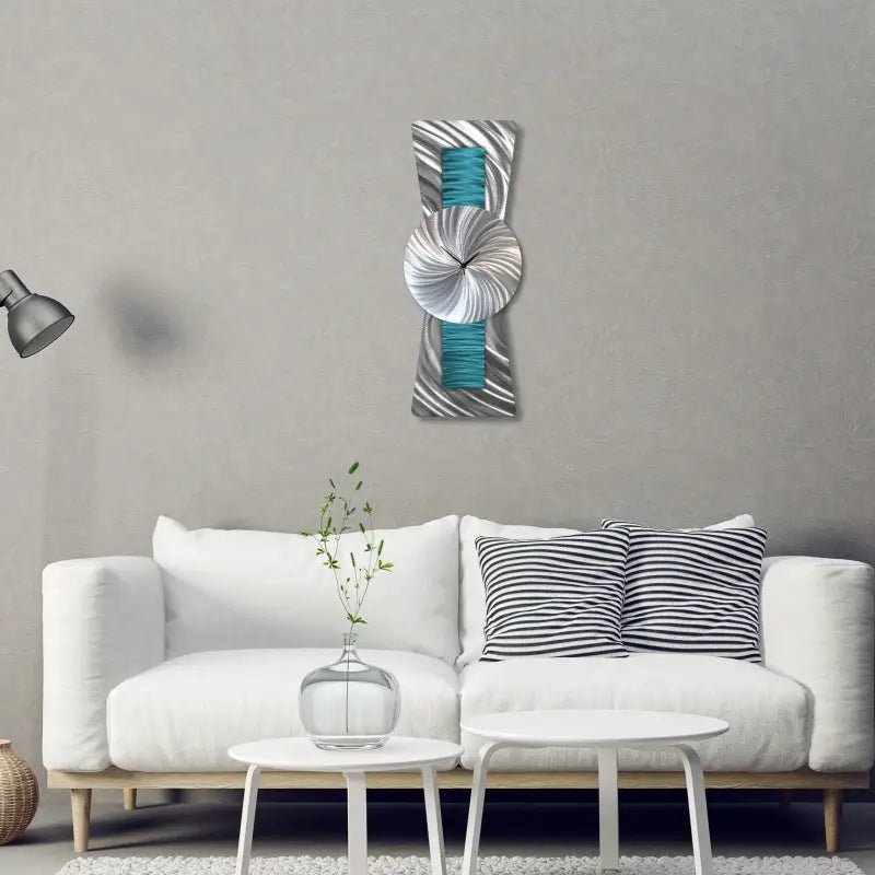 Large Teal Metal Wall Clock - Modern Silver Wall Sculpture for Unique Home Décor - Modern Elements Metal Art - ME7282828K