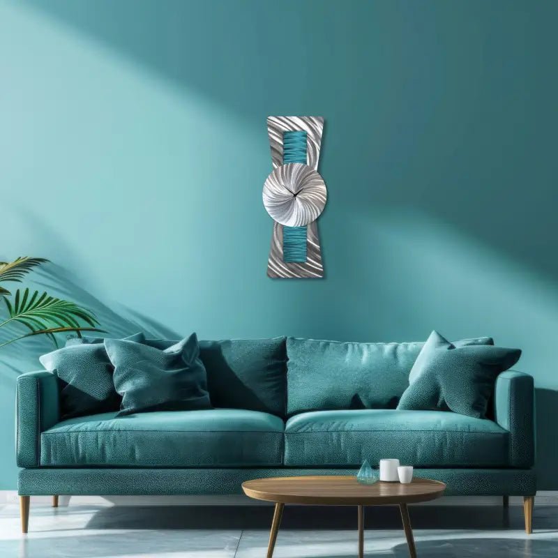 Large Teal Metal Wall Clock - Modern Silver Wall Sculpture for Unique Home Décor - Modern Elements Metal Art - ME7282828K