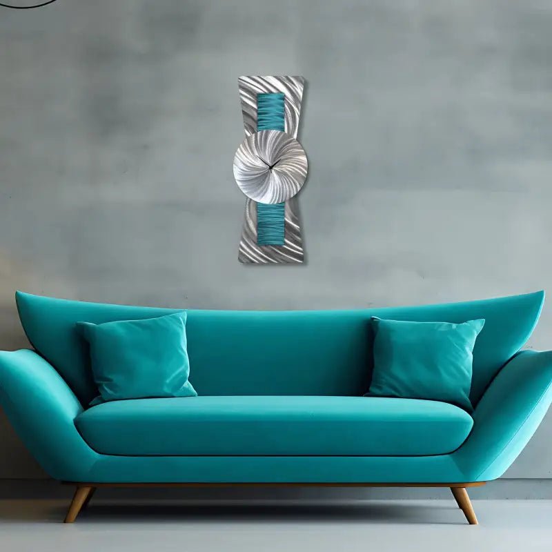 Large Teal Metal Wall Clock - Modern Silver Wall Sculpture for Unique Home Décor - Modern Elements Metal Art - ME7282828K