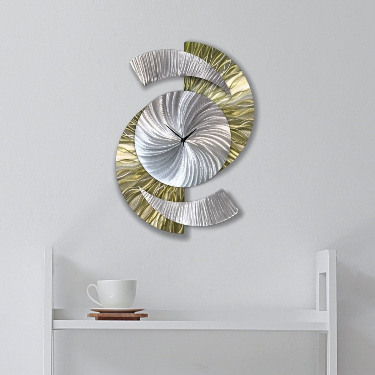 Metallic Olive Green & Silver Modern Metal Wall Clock Sculpture for Home Decor - Modern Elements Metal Art - INV5380283SX
