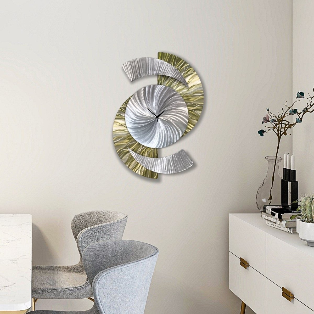 Metallic Olive Green & Silver Modern Metal Wall Clock Sculpture for Home Decor - Modern Elements Metal Art - INV5380283SX