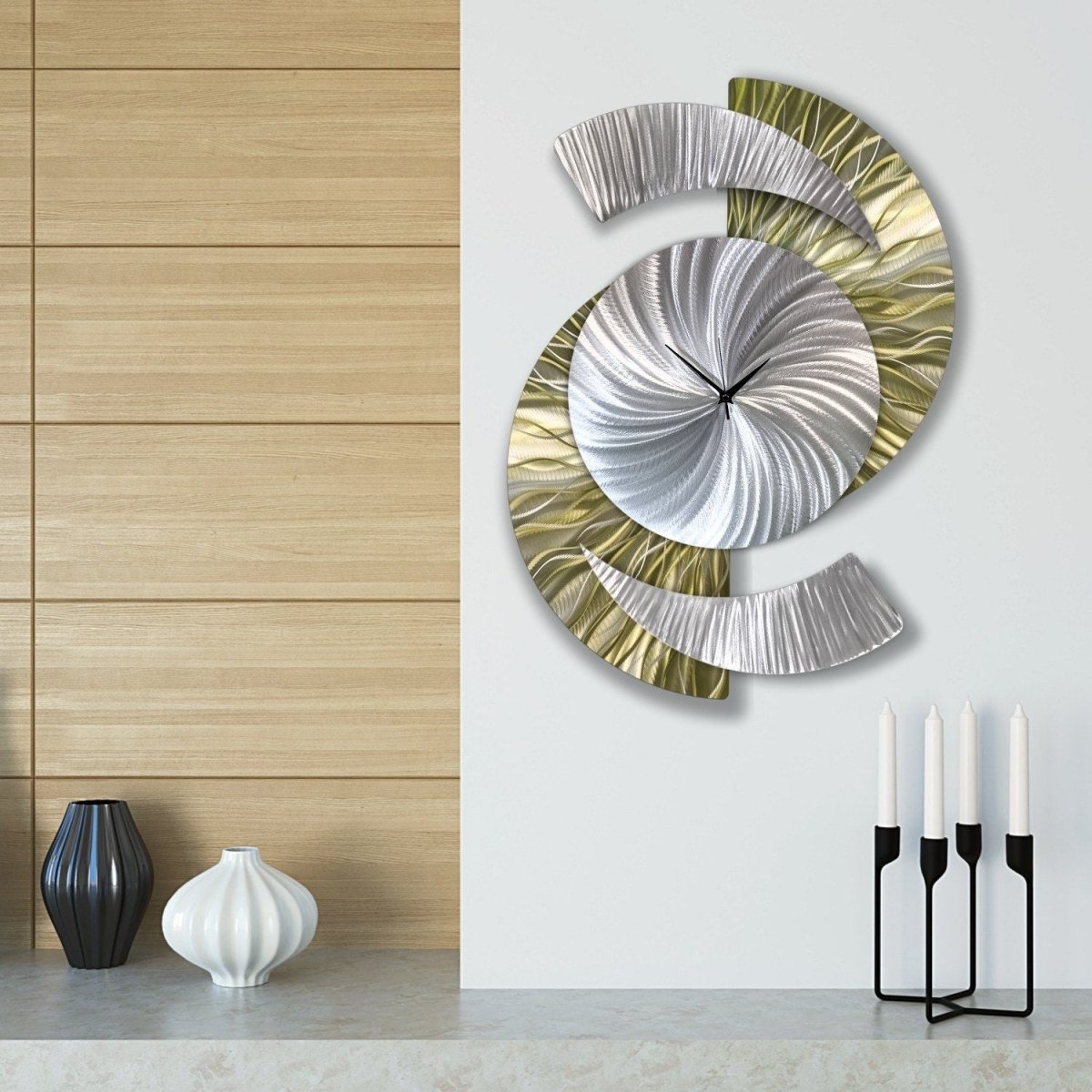 Metallic Olive Green & Silver Modern Metal Wall Clock Sculpture for Home Decor - Modern Elements Metal Art - INV5380283SX
