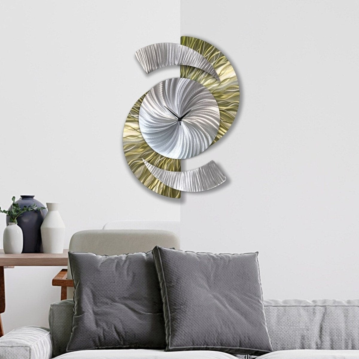 Metallic Olive Green & Silver Modern Metal Wall Clock Sculpture for Home Decor - Modern Elements Metal Art - INV5380283SX