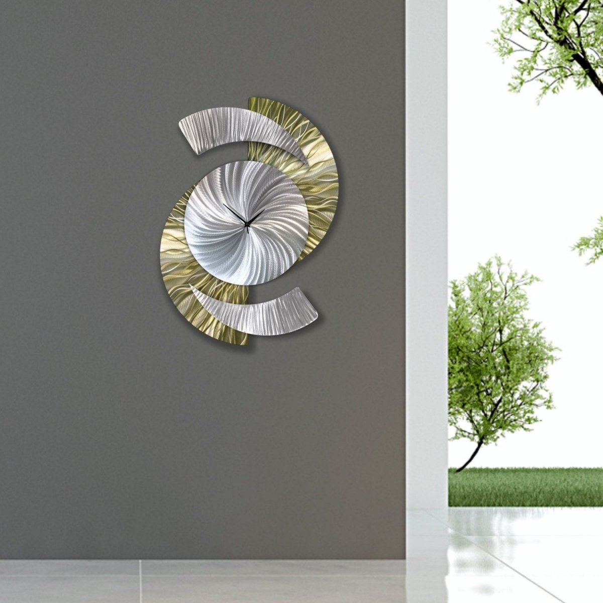 Metallic Olive Green & Silver Modern Metal Wall Clock Sculpture for Home Decor - Modern Elements Metal Art - INV5380283SX
