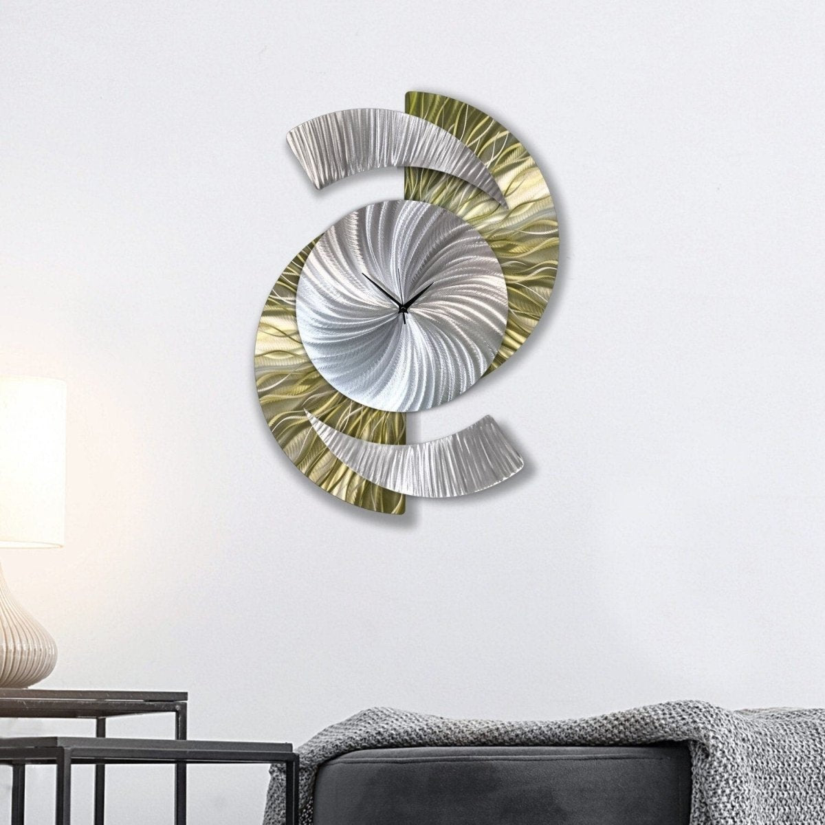 Metallic Olive Green & Silver Modern Metal Wall Clock Sculpture for Home Decor - Modern Elements Metal Art - INV5380283SX