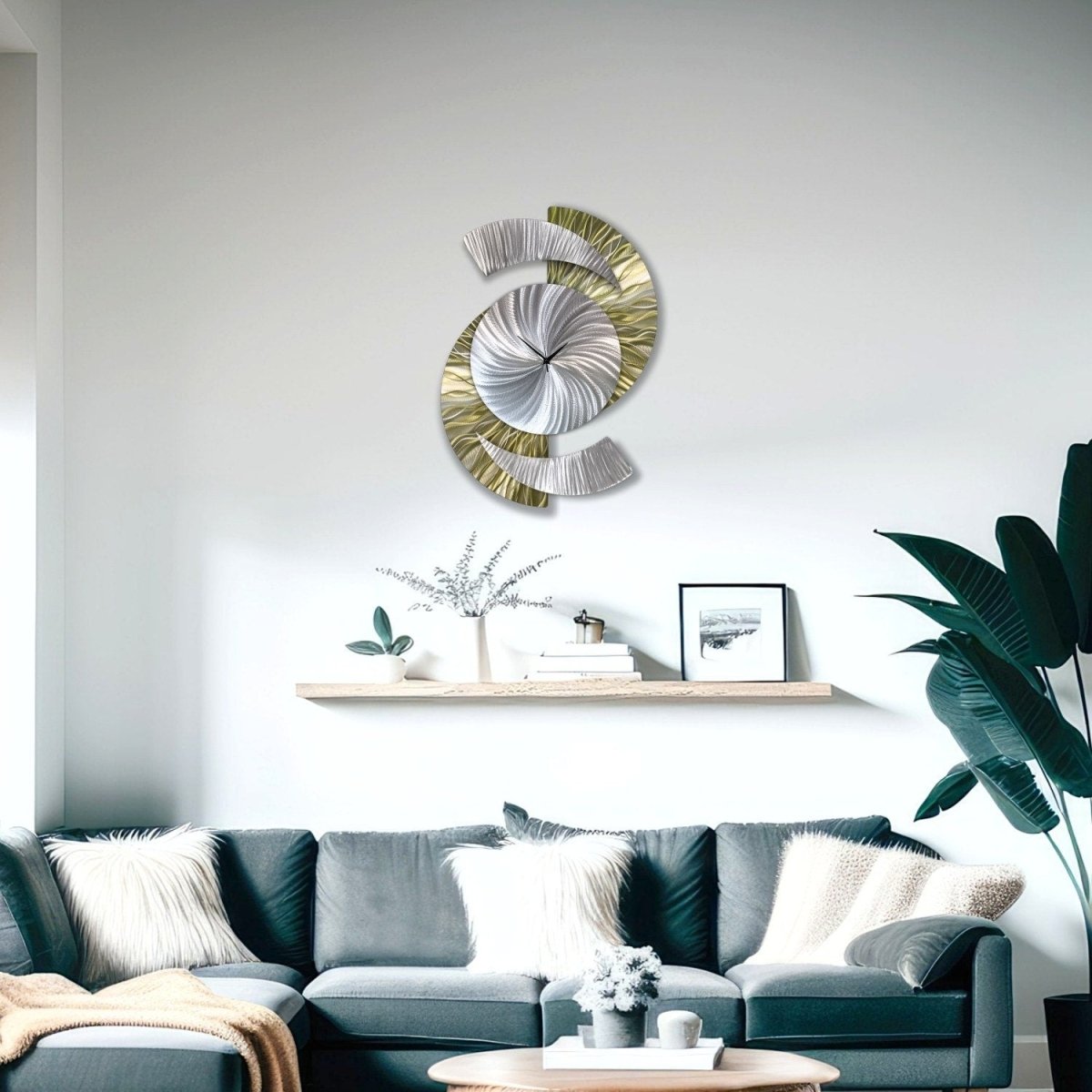 Metallic Olive Green & Silver Modern Metal Wall Clock Sculpture for Home Decor - Modern Elements Metal Art - INV5380283SX