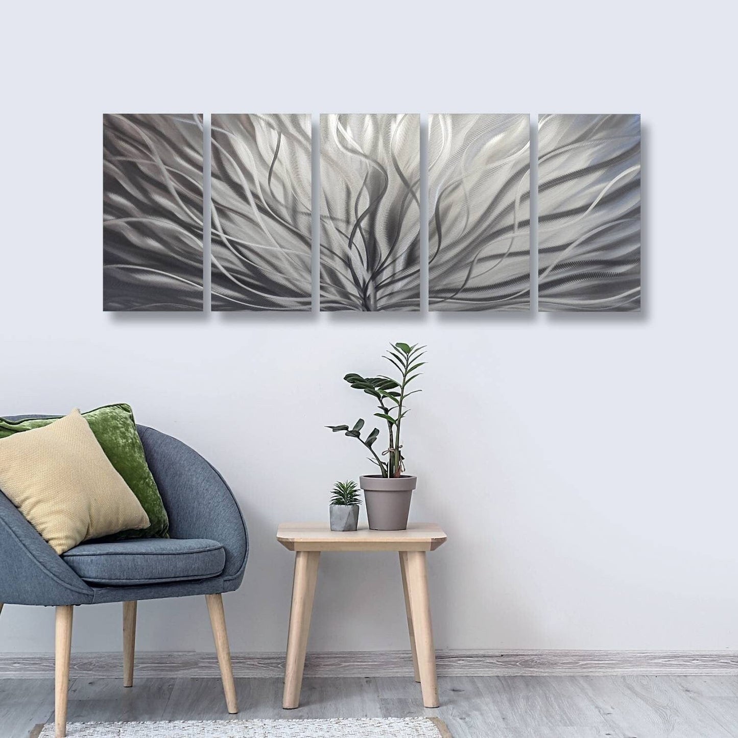 Modern Silver Wall Art Set of 5 Titled Inbloom - Modern Elements Metal Art - SK879KHL