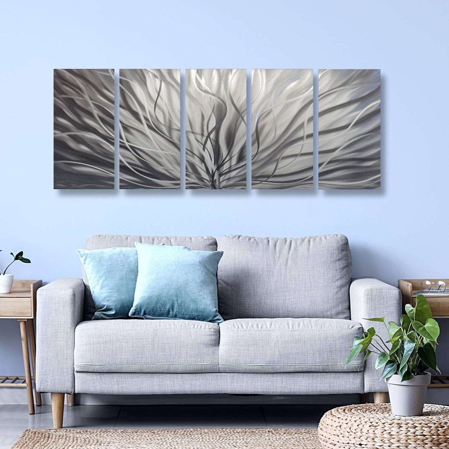 Modern Silver Wall Art Set of 5 Titled Inbloom - Modern Elements Metal Art - SK879KHL