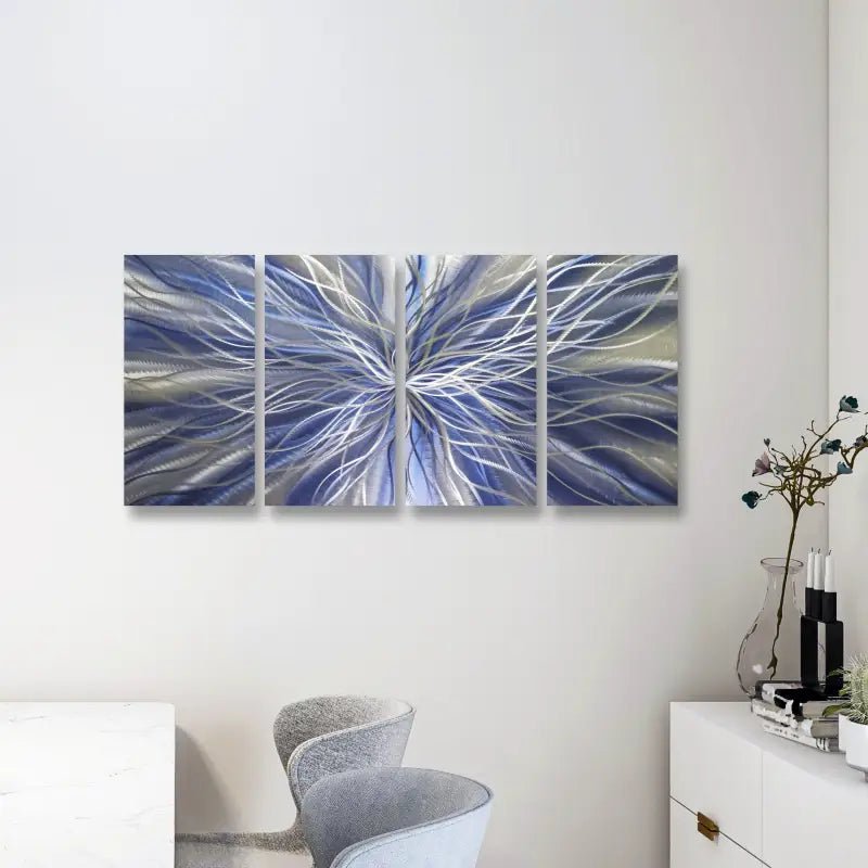 Navy Blue Abstract Metal Wall Art Set of 4 with Silver Accents for Modern Décor - Modern Elements Metal Art - I567886S