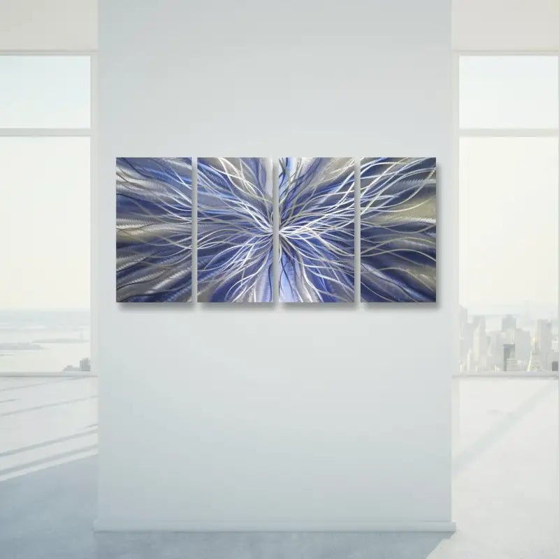 Navy Blue Abstract Metal Wall Art Set of 4 with Silver Accents for Modern Décor - Modern Elements Metal Art - I567886S