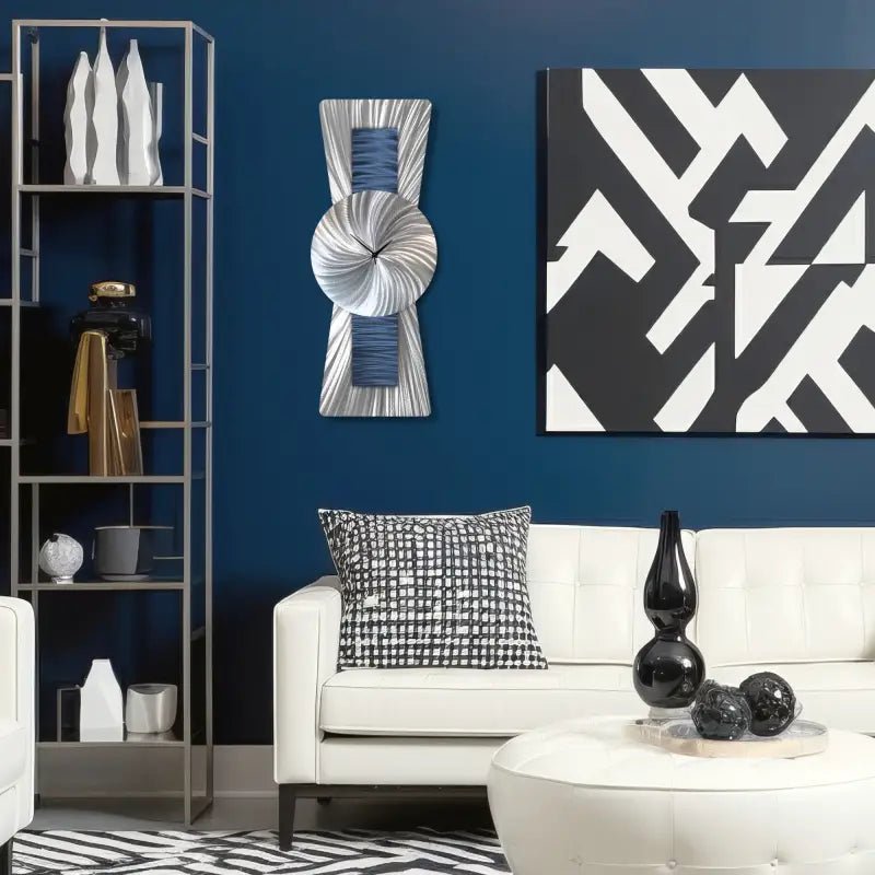 Navy Blue and Silver Clock Titled Sentinel - Modern Elements Metal Art - ME93828K - 1
