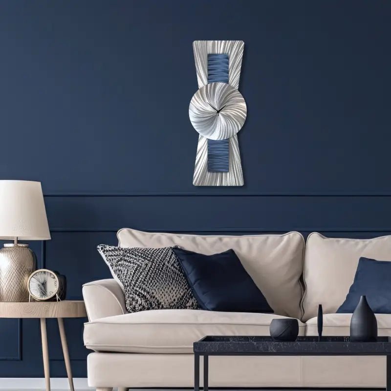 Navy Blue and Silver Clock Titled Sentinel - Modern Elements Metal Art - ME93828K - 2