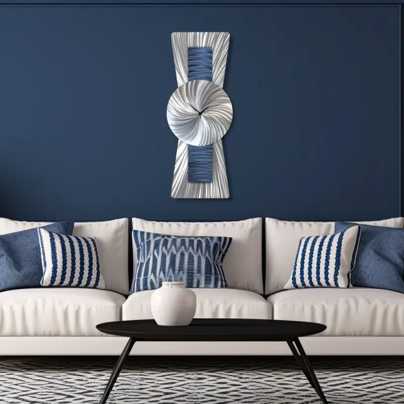 Navy Blue and Silver Clock Titled Sentinel - Modern Elements Metal Art - ME93828K - 2