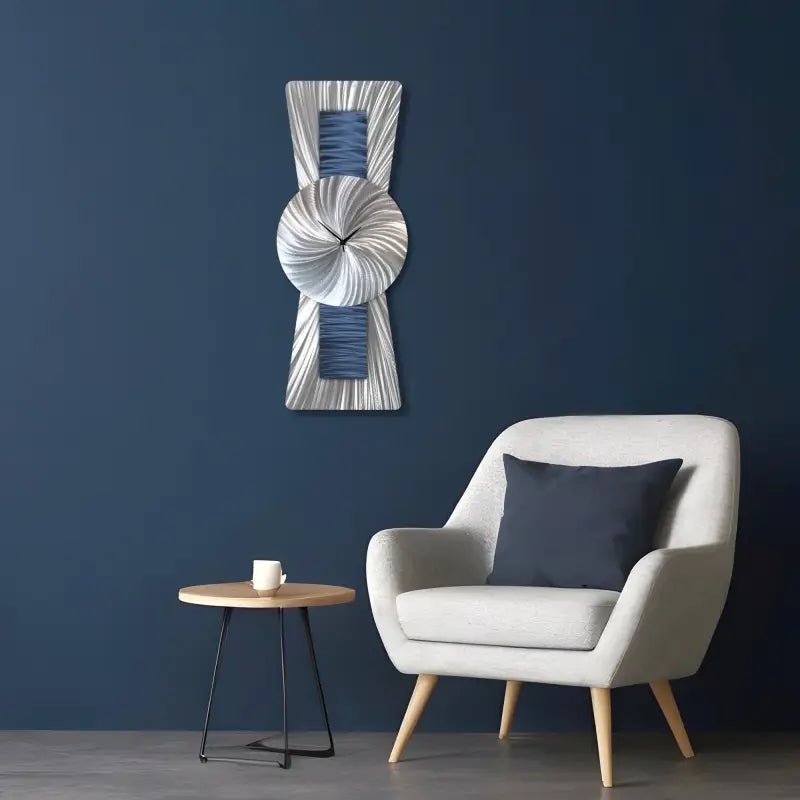 Navy Blue and Silver Clock Titled Sentinel - Modern Elements Metal Art - ME93828K - 2